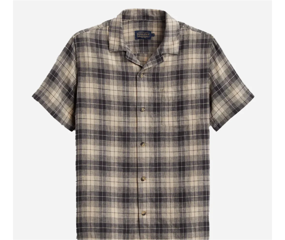 Pendleton Linen Camp Shirt - Espresso/ Khaki Plaid